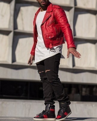 Men's Red and Black Leather High Top Sneakers, Black Ripped Jeans, White Crew-neck T-shirt, Red Leather Biker Jacket