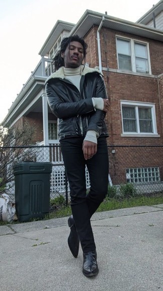 Black Leather Biker Jacket Outfits For Men: 