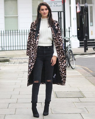 Women's Black Suede Ankle Boots, Black Ripped Jeans, White Wool Turtleneck, Brown Leopard Coat