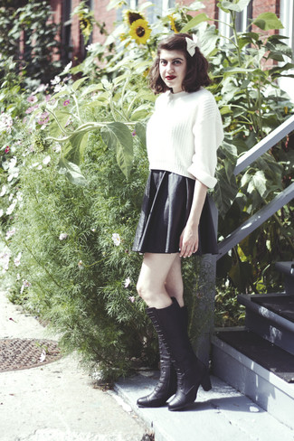 Women's White Bow-tie, Black Leather Knee High Boots, Black Leather Skater Skirt, White Knit Cropped Sweater