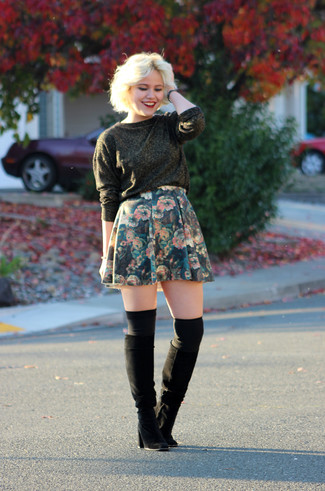 Dark Green Floral Skater Skirt Outfits: 