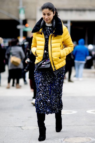 Women's Black Embellished Leather Crossbody Bag, Black Suede Knee High Boots, Navy Print Midi Dress, Yellow Puffer Jacket