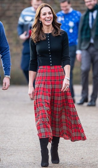 Kate Middleton wearing Silver Watch, Black Suede Knee High Boots, Red Plaid Midi Skirt, Black Cardigan