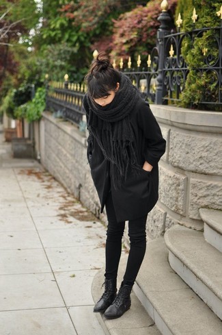 Women's Black Knit Scarf, Black Leather Lace-up Ankle Boots, Black Skinny Jeans