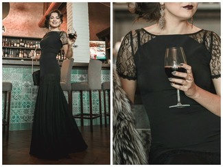 Long Sleeve Sequined Lace Gown