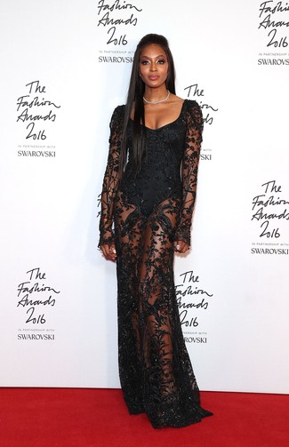 Naomi Campbell wearing Black Lace Evening Dress, Silver Necklace