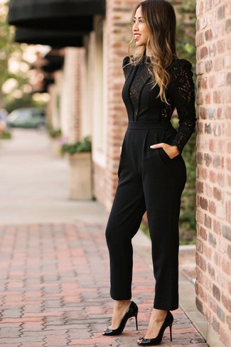 Opt for a black lace jumpsuit and you'll be ready for wherever this day takes you. Complete your outfit with a pair of black leather pumps to take things up a notch.