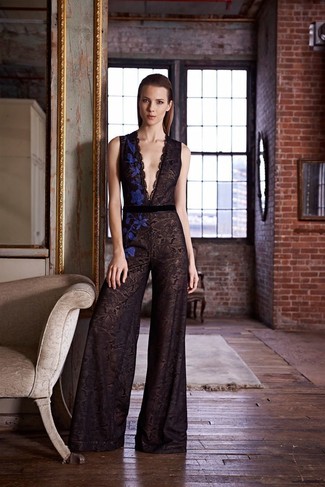 Diane Furstenberg Kyara Long Sleeve Lace Jumpsuit Black, $598 Neiman | Lookastic