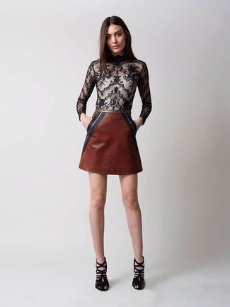 Women's Black Lace Long Sleeve Blouse, Brown Leather Mini Skirt, Black Suede Heeled Sandals