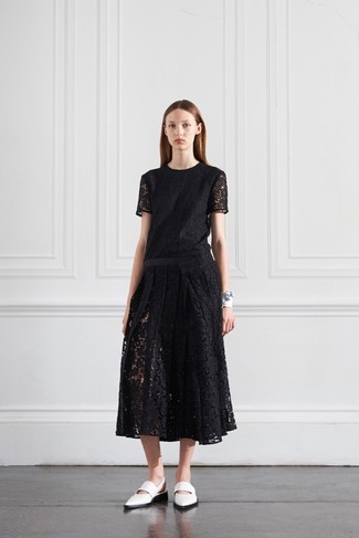 Women's Black Lace Midi Dress, White Leather Loafers