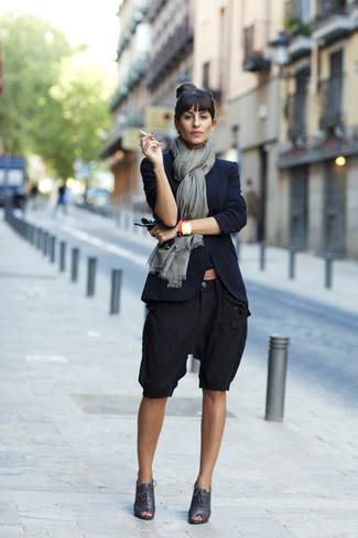 Women's Grey Scarf, Black Cutout Leather Lace-up Ankle Boots, Black Bermuda Shorts, Navy Blazer