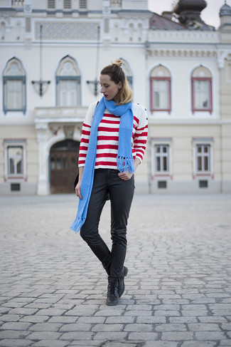 Women's Blue Knit Scarf, Black Leather Lace-up Ankle Boots, Black Leather Skinny Pants, White and Red Horizontal Striped Crew-neck Sweater