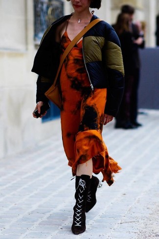 Women's Tan Leather Crossbody Bag, Black Suede Lace-up Ankle Boots, Orange Tie-Dye Maxi Dress, Navy Puffer Jacket