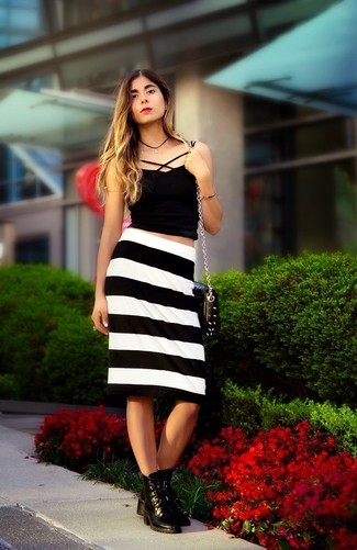 White and Black Horizontal Striped Midi Skirt Outfits: 