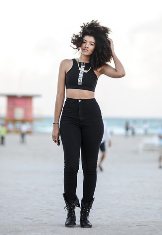 Women's Gold Necklace, Black Leather Lace-up Flat Boots, Black Skinny Jeans, Black and White Print Cropped Top