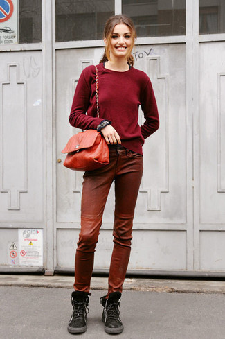 Brown Leather Skinny Pants Outfits: 