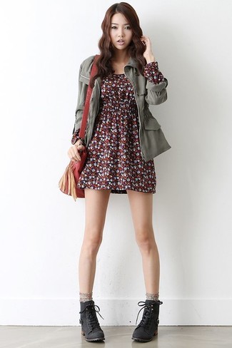 Women's Red Leather Crossbody Bag, Black Leather Lace-up Flat Boots, Burgundy Floral Skater Dress, Grey Anorak