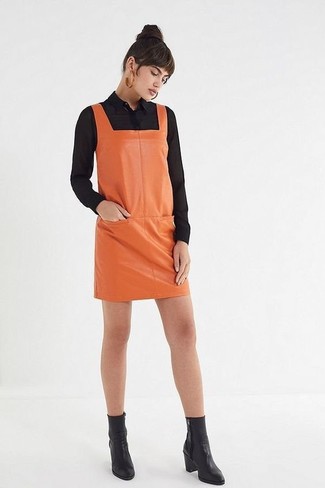 Orange Leather Overall Dress Outfits: 