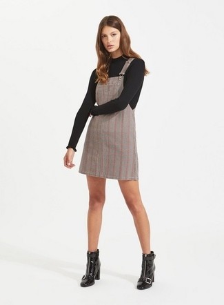 Women's Black Leather Ankle Boots, Grey Plaid Overall Dress, Black Crew-neck Sweater