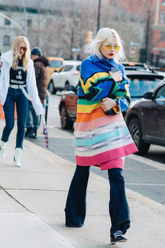 Multi colored Horizontal Striped Coat Outfits For Women: 