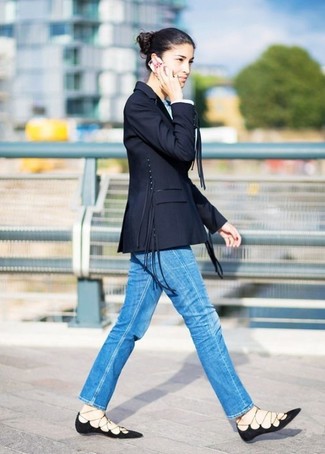 Women's Black Leather Ballerina Shoes, Blue Jeans, Navy Blazer
