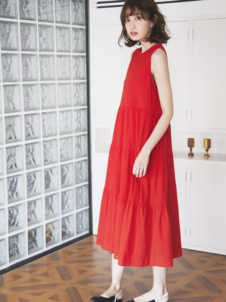 Red Pleated Midi Dress Outfits: 