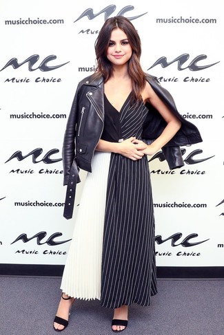 Black and White Midi Dress Outfits: If you're on the hunt for a relaxed yet absolutely chic look, wear a black and white midi dress and a black leather biker jacket. If you need to easily lift up your getup with footwear, why not add a pair of black suede heeled sandals to the mix?