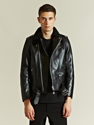 Go for a black leather biker jacket and black chinos for both dapper and easy-to-create outfit.