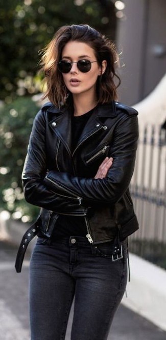 Women's Black Leather Biker Jacket, Black Crew-neck T-shirt, Black Skinny Jeans