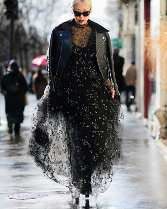 Women's Black Leather Biker Jacket, Black Embroidered Tulle Evening Dress, Black Leather Ankle Boots