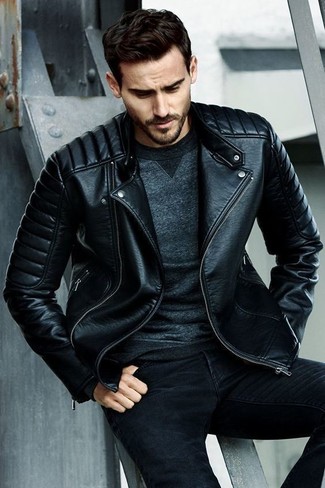 Men's Black Quilted Leather Biker Jacket, Charcoal Sweatshirt, Black Skinny Jeans