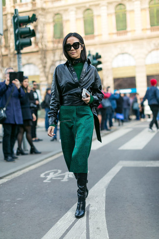 Women's Black Leather Biker Jacket, Dark Green Midi Dress, Black Leather Knee High Boots
