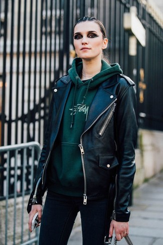 Women's Black Leather Biker Jacket, Dark Green Print Hoodie, Black Skinny Jeans