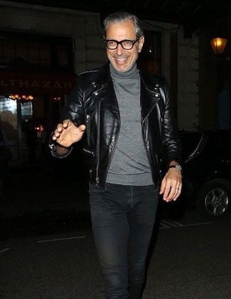 Jeff Goldblum wearing Black Leather Biker Jacket, Grey Turtleneck, Black Jeans