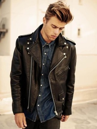 Black Jeans with Blue Denim Shirt Outfits For Men: A blue denim shirt and black jeans are absolute menswear staples if you're putting together an off-duty wardrobe that matches up to the highest sartorial standards.