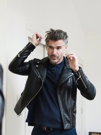 A black leather biker jacket and navy chinos are the kind of a fail-safe off-duty combo that you need when you have no time.