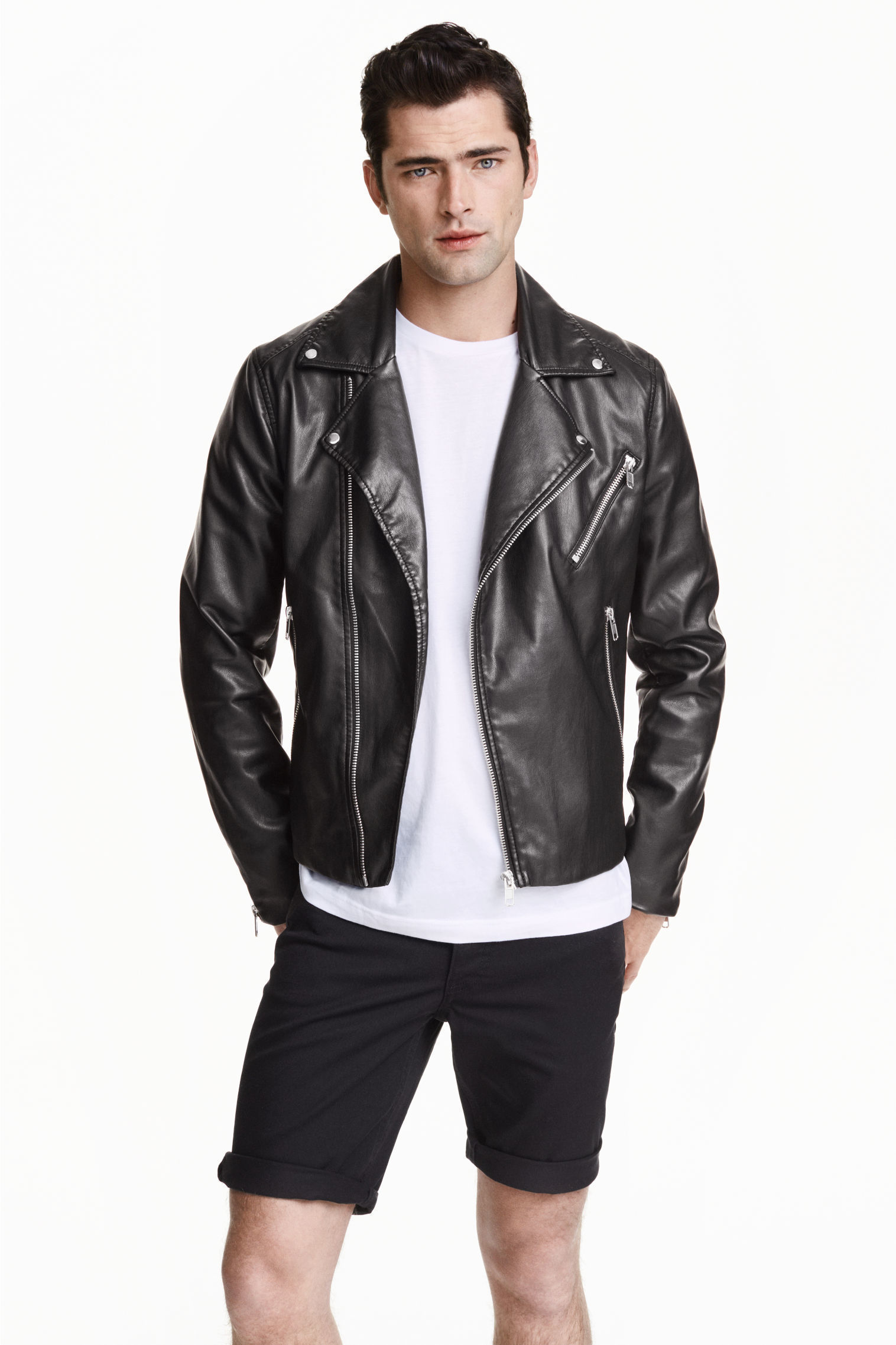 Men'S Black Leather Biker Jacket, White Crew-Neck T-Shirt, Black Shorts |  Lookastic