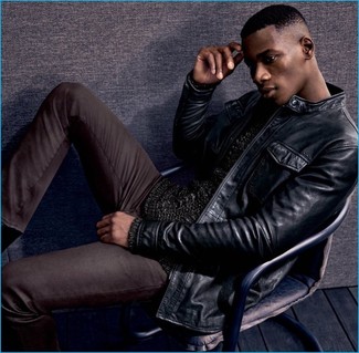 Dark Brown Jeans Outfits For Men: This laid-back pairing of a black leather bomber jacket and dark brown jeans can take on different moods depending on the way it's styled.
