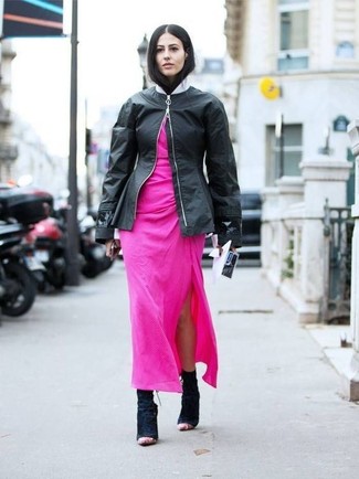 Women's Black Leather Bomber Jacket, Hot Pink Maxi Dress, Black Suede Ankle Boots