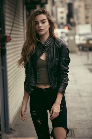 Go for a straightforward but at the same time casually stylish option in a black leather bomber jacket and black ripped skinny jeans.