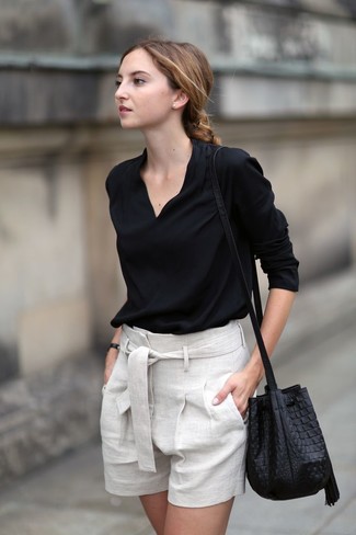 Women's Black Leather Bucket Bag, Beige Linen Shorts, Black Long Sleeve Blouse