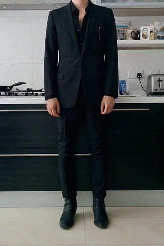 Men's Black Leather Chelsea Boots, Black Dress Shirt, Black Suit
