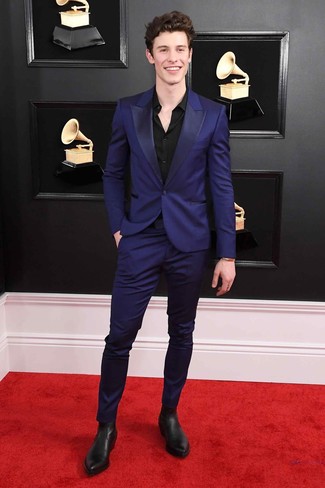 Shawn Mendes wearing Black Leather Chelsea Boots, Black Dress Shirt, Violet Suit
