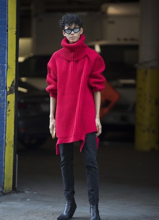 Red Knit Wool Turtleneck Outfits For Women: 