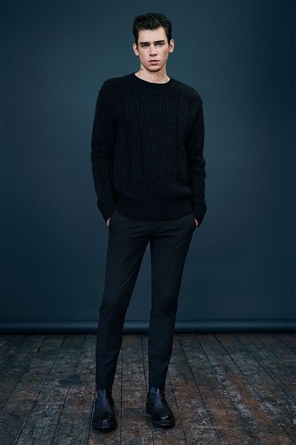 Black Cable Sweater Outfits For Men: 