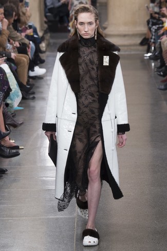 Women's Black Leather Clutch, Black Lace Maxi Dress, White Shearling Coat