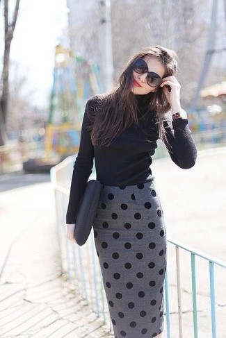 Grey Polka Dot Pencil Skirt Outfits: 