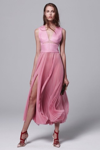 Pink Pleated Midi Dress Outfits: 