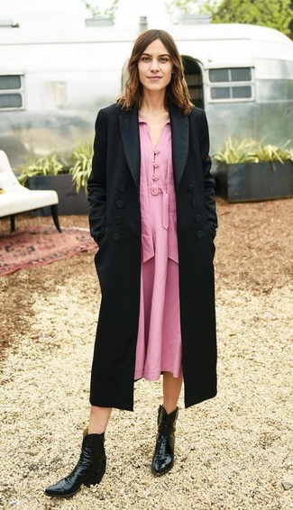 Alexa Chung wearing Black Leather Cowboy Boots, Pink Midi Dress, Black Coat