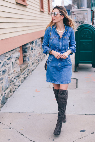 Women's Black Leather Crossbody Bag, Charcoal Suede Over The Knee Boots, Blue Denim Shirtdress